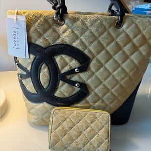 Beige and Black Quilted Tote Bag